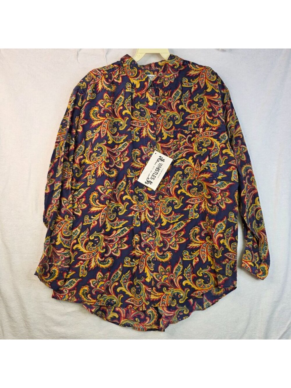 Vintage 80s Silk Button Up Shirt M Navy Paisley Quiet Luxury Retro Psychedelic